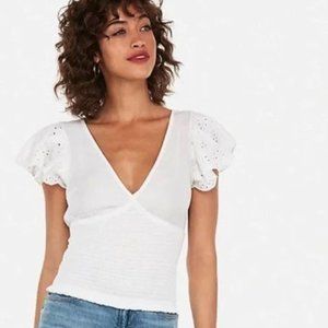 Express smocked corset eyelet ruffle deep V-neck top shirt blouse white L beach